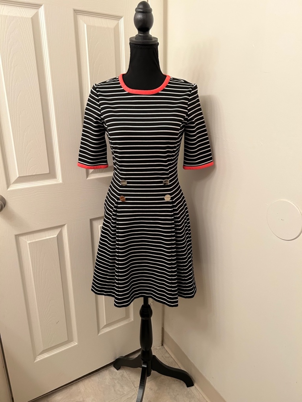 Ted Baker Alexina Black & White Stripe Short Sleeve Pink Trim Dress Size 1